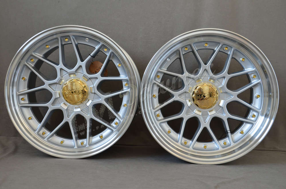 Haxer HX025 18" 9J ET20 + 10J ET15 5x112/5x120 Silver with Gold Rivets and Gold Caps