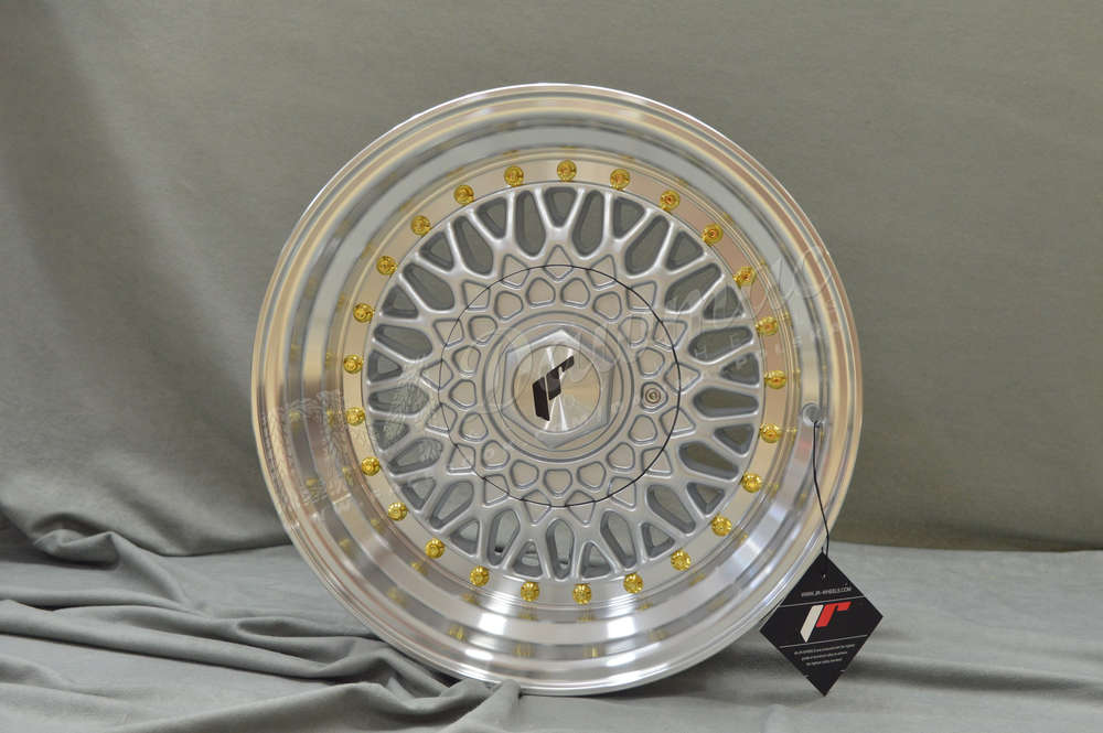 Japan Racing JR9 15" 8J ET20 4x100/4x108 Silver w/ Machined Lip Gold Rivets