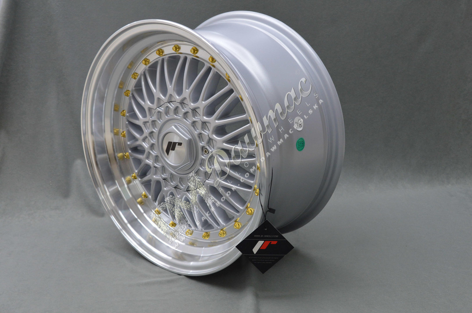 Japan Racing JR9 18" 9J ET40 5x112/5x114,3 Silver w/Machined Lip Gold Rivets - obrazek 3
