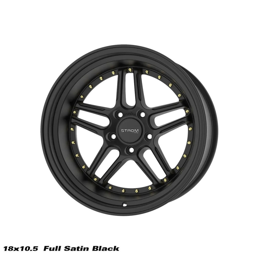 Strom DS-05 18" 9.5J ET15 + 10.5J ET10 5x114.3 Full Satin Black Gold Rivets - obrazek 4