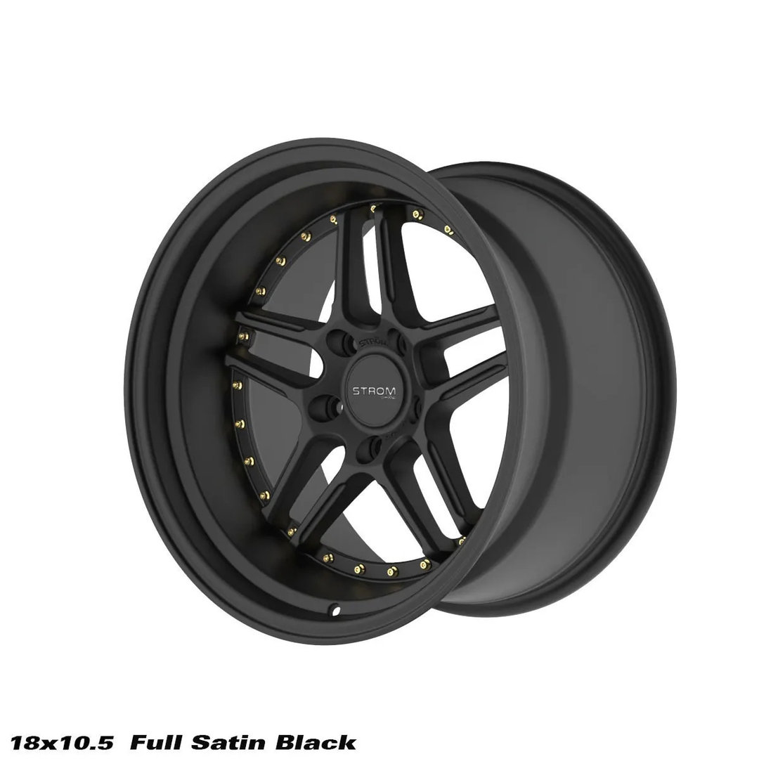 Strom DS-05 18" 9.5J ET15 + 10.5J ET10 5x114.3 Full Satin Black Gold Rivets - obrazek 5