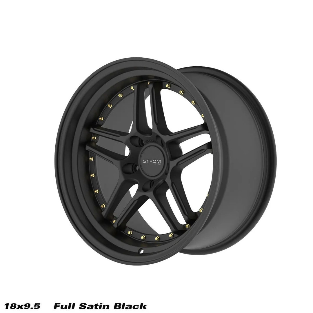 Strom DS-05 18" 9J ET33 + 9.5J ET15 5x114.3 Full Satin Black Gold Rivets - obrazek 4